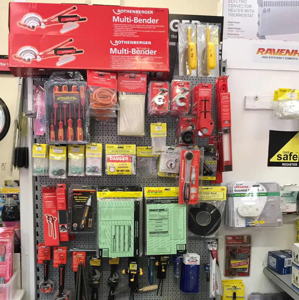 Wall of plumbing and heating tools on display at BBS Ltd